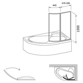 Шторка для ванны двухэлементная поворотная, с закруглением Ravak VSK2 Rosa 150 правая, белый профиль, прозрачный полистирол 76P8010041